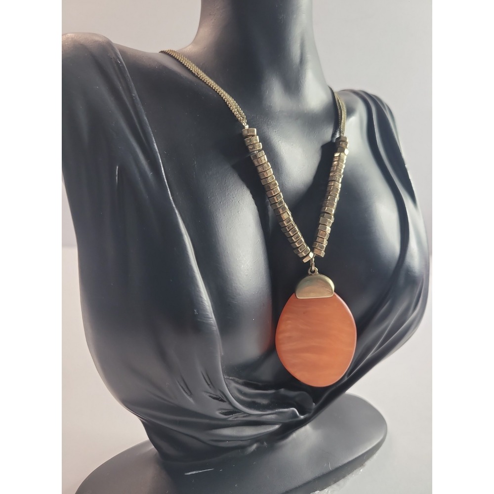 Kenneth Cole Orange Oval Pendant Necklace Silver Tone Multi Strand - Picture 4 of 14
